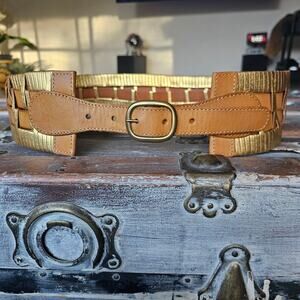 Linea Pelle Wide Tan Metallic Gold Braided Woven Leather Belt Cottage 
M EUC